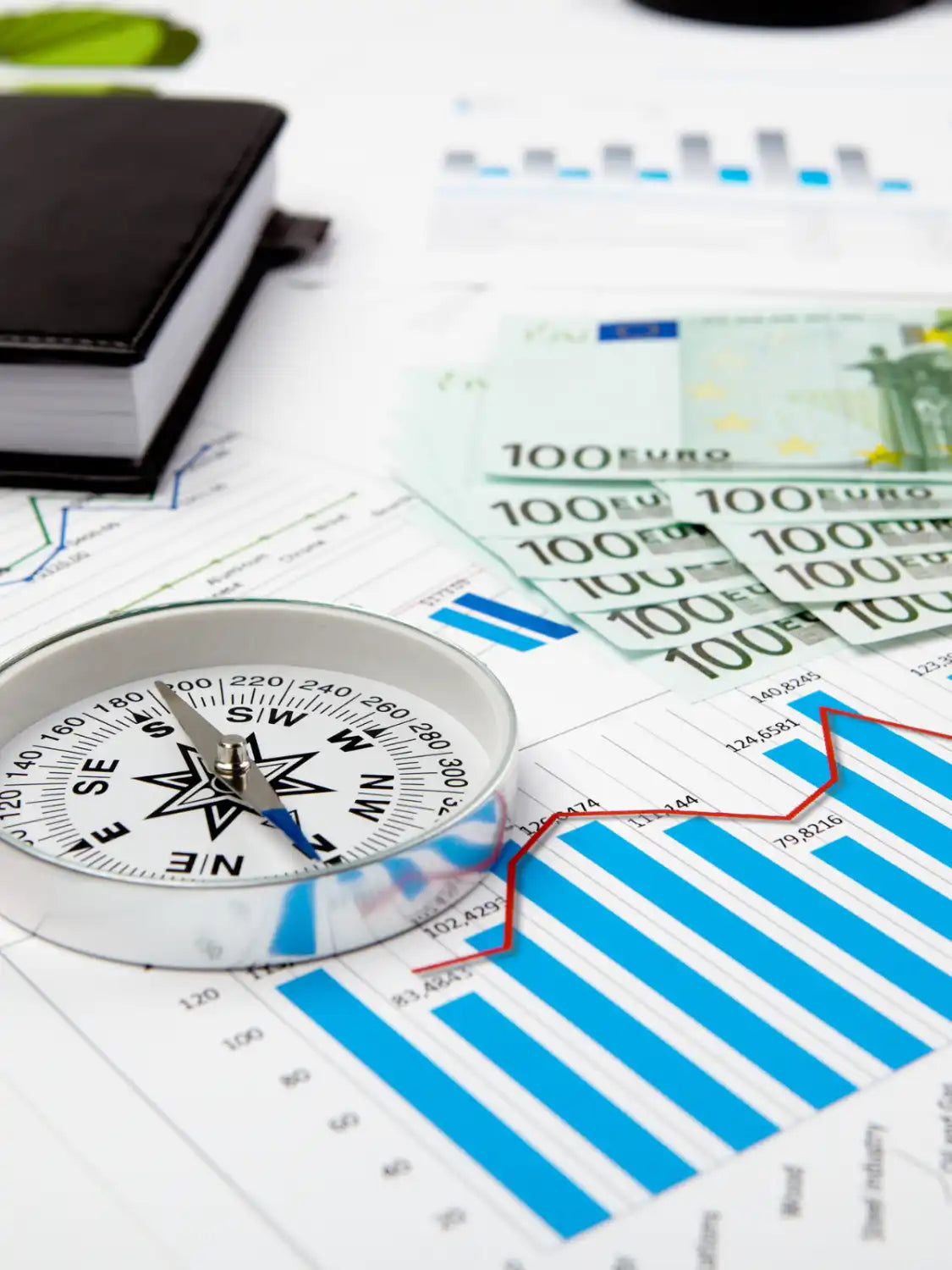 Compass sitting on financial charts with Euro banknotes.