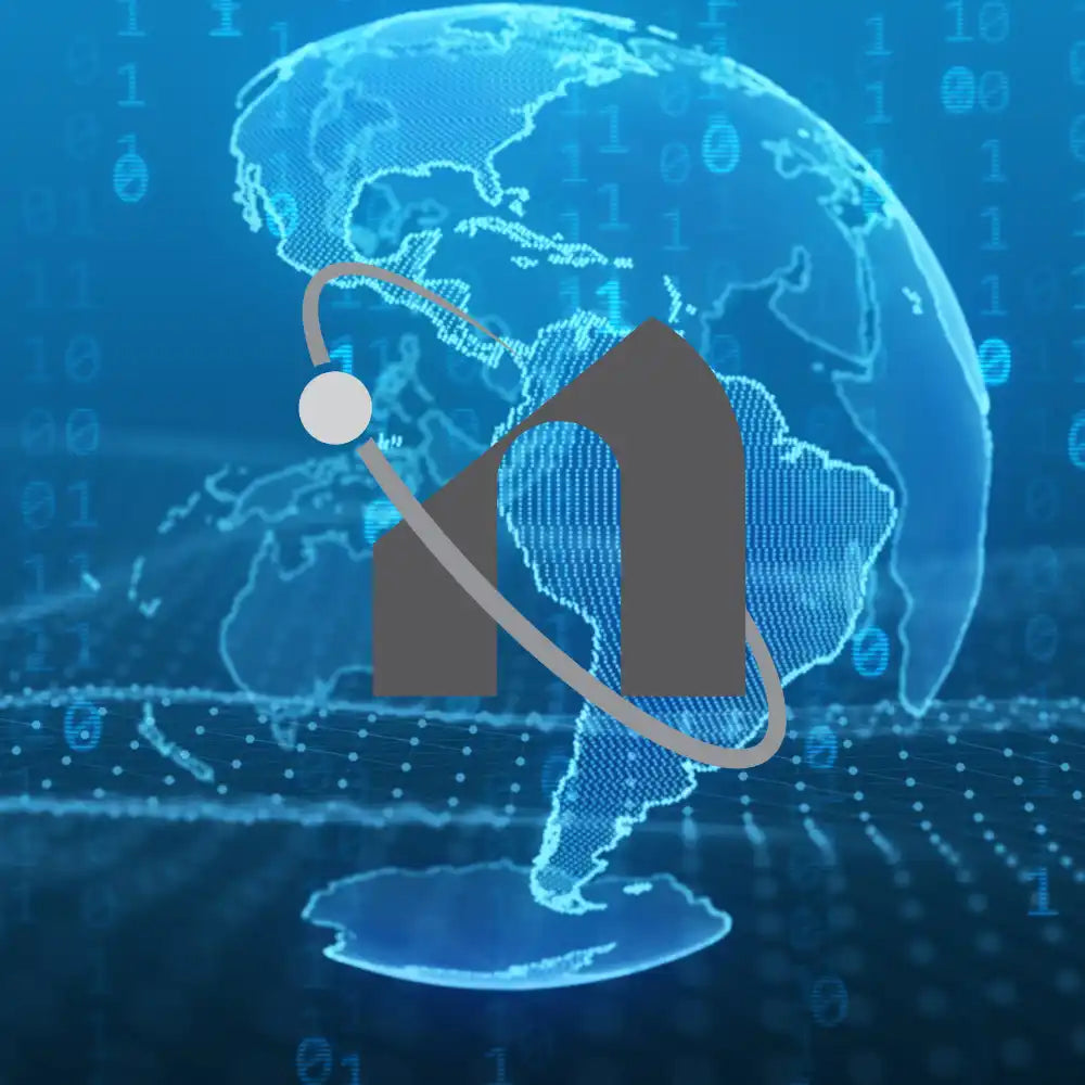 Digital holographic globe showing South America with a gray silhouette overlay and orange curved line.