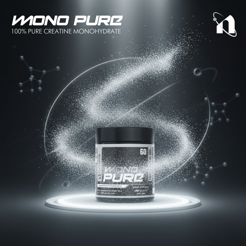 MONO PURE creatine monohydrate supplement container with dust effect on a dark background