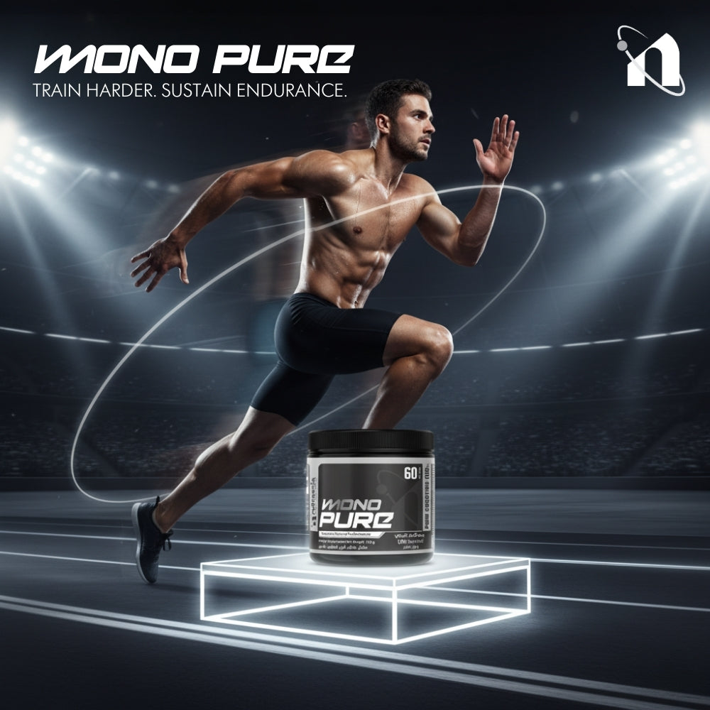 Man running on a track with MONO PURE supplement container in the foreground, set against a stadium background.