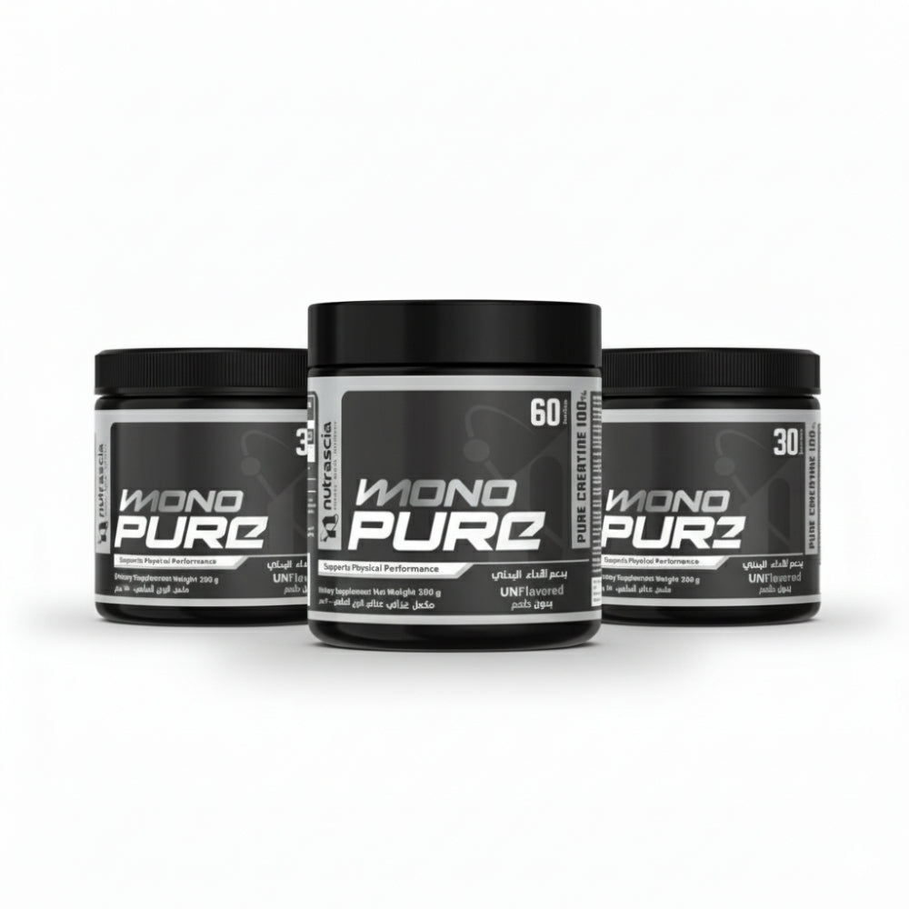 Three containers of Mono Pure supplement on a white background
