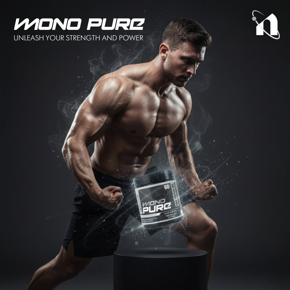 Muscular man holding a MONO PURE supplement container with the brand's logo and tagline.