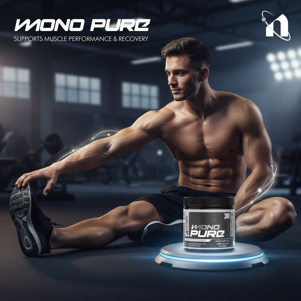 Muscular man stretching with a MONO PURE supplement container in a gym setting