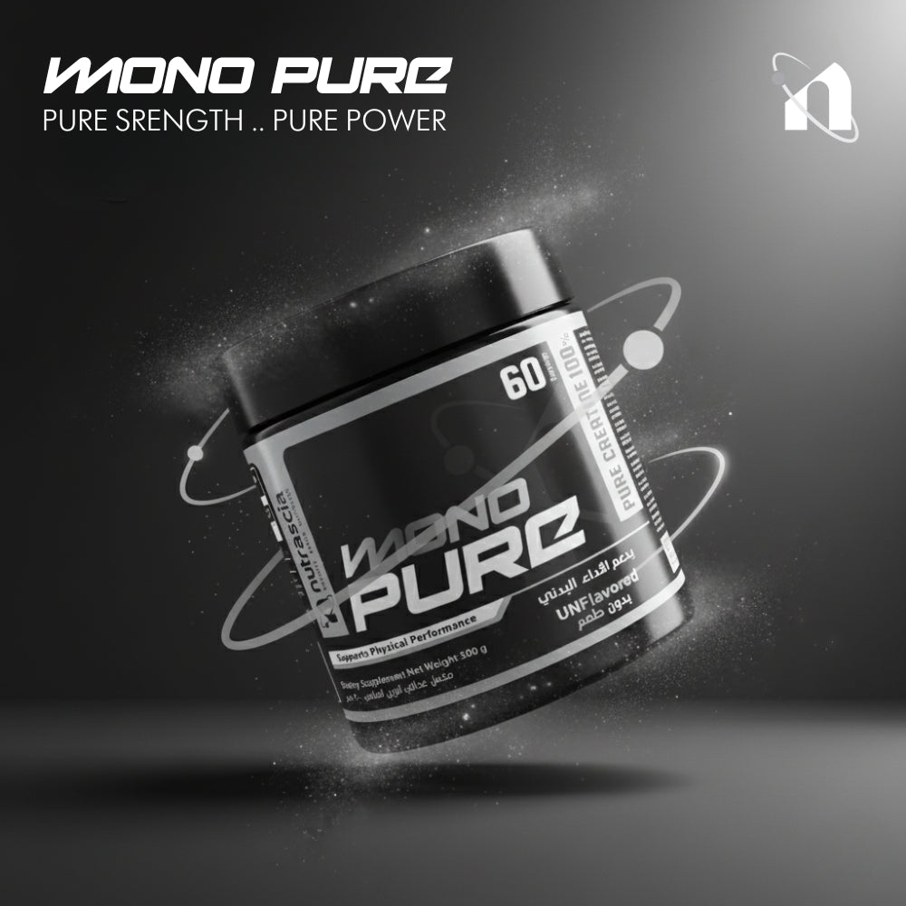MONO PURE supplement container on a dark background with brand name and tagline.