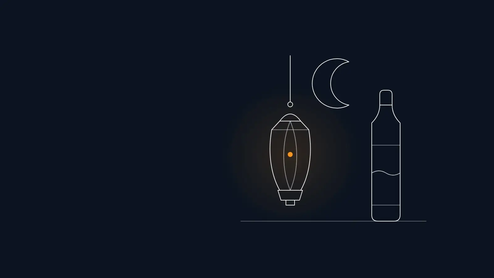 Line illustration of a Ramadan lantern, crescent and water bottle