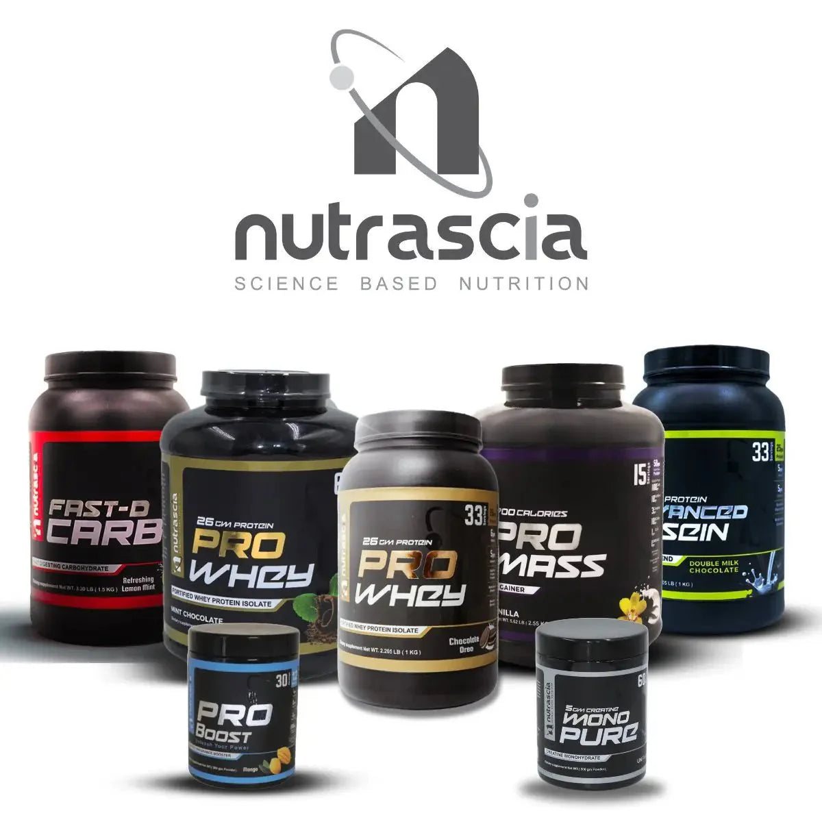 Collection of Nutrascia nutritional supplement products including protein powders and other fitness supplements.