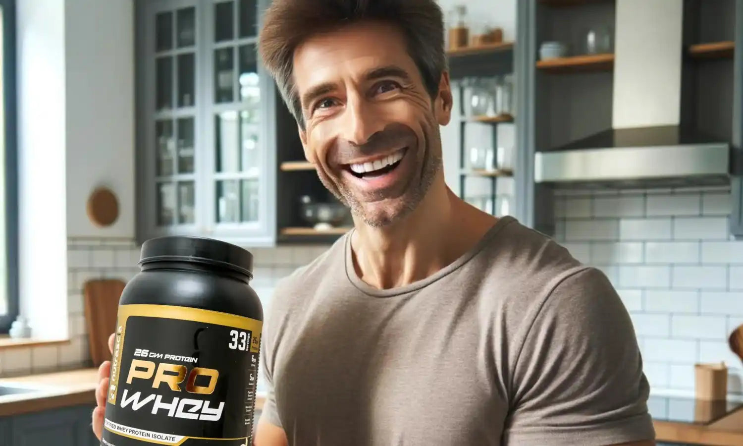 Black and yellow container of Pro Whey protein supplement powder.