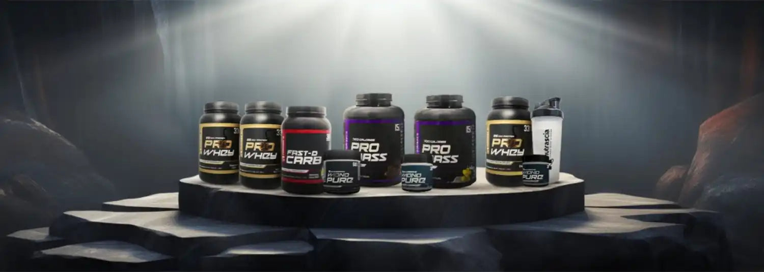 Collection of supplement and protein powder containers arranged on a platform.