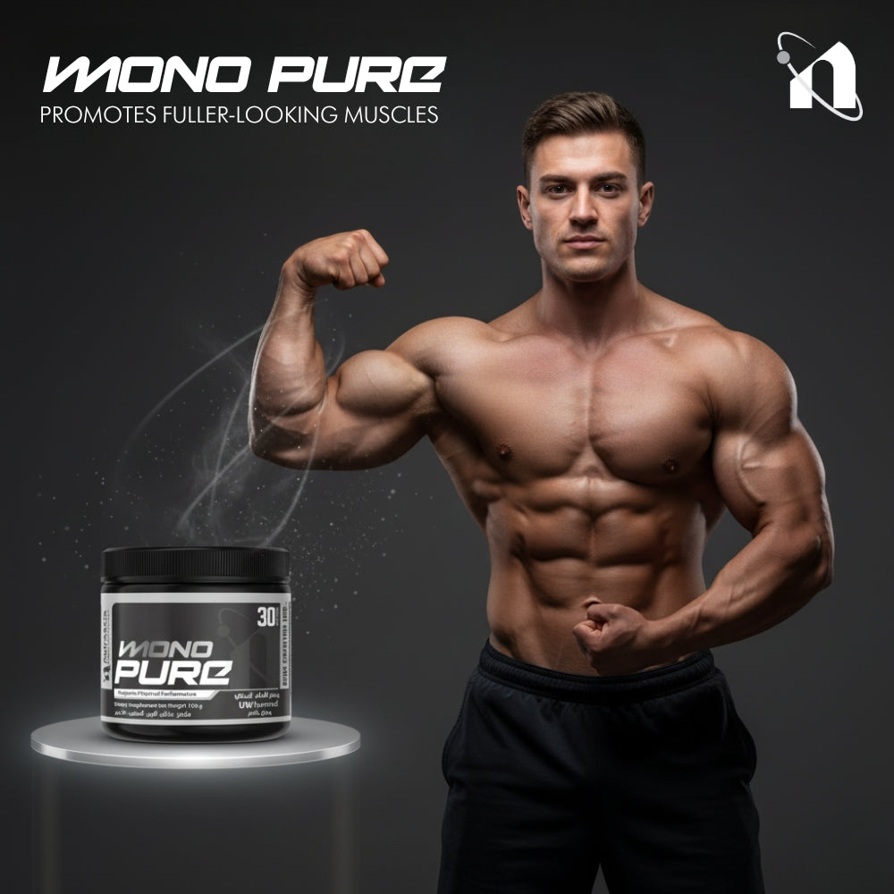 Muscular man flexing his arm next to a container of Mono Pure supplement on a dark background