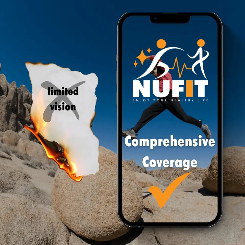 Smartphone displaying a fitness app advertisement with the NUFIT logo and ’Comprehensive Coverage’ text.