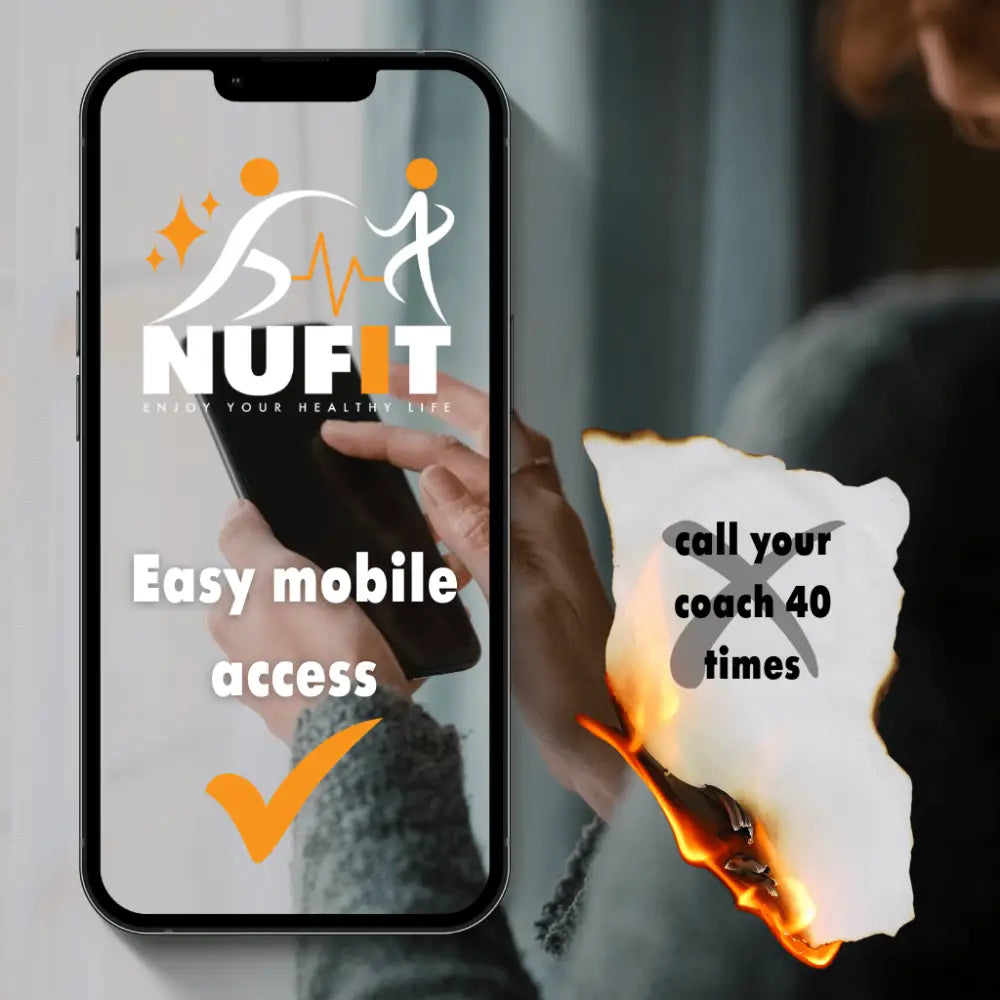 Smartphone displaying a fitness app interface with the ’NUFT’ logo and text about mobile access.