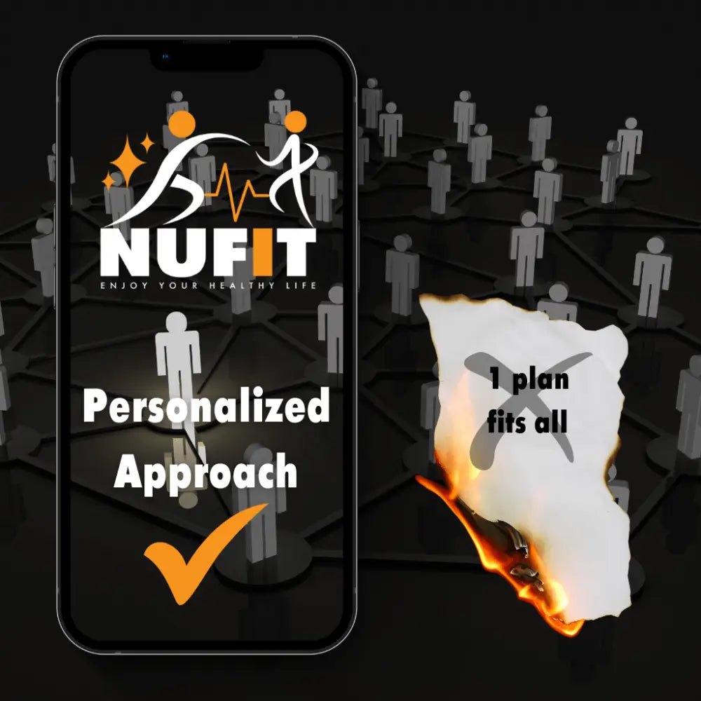 Smartphone displaying a fitness app interface with ’NUFIT’ logo and personalized approach messaging.