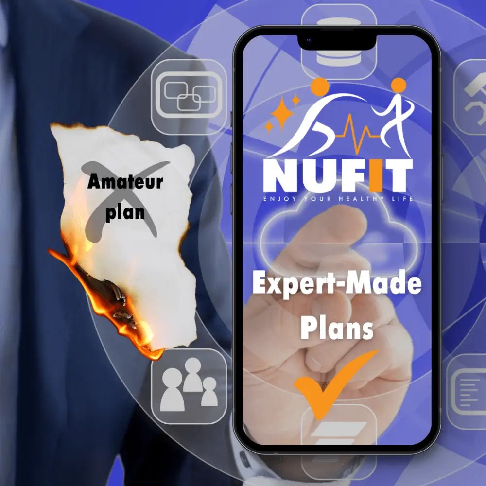 Smartphone displaying a fitness app called ’NUFIT’ with options for expert-mode plans.