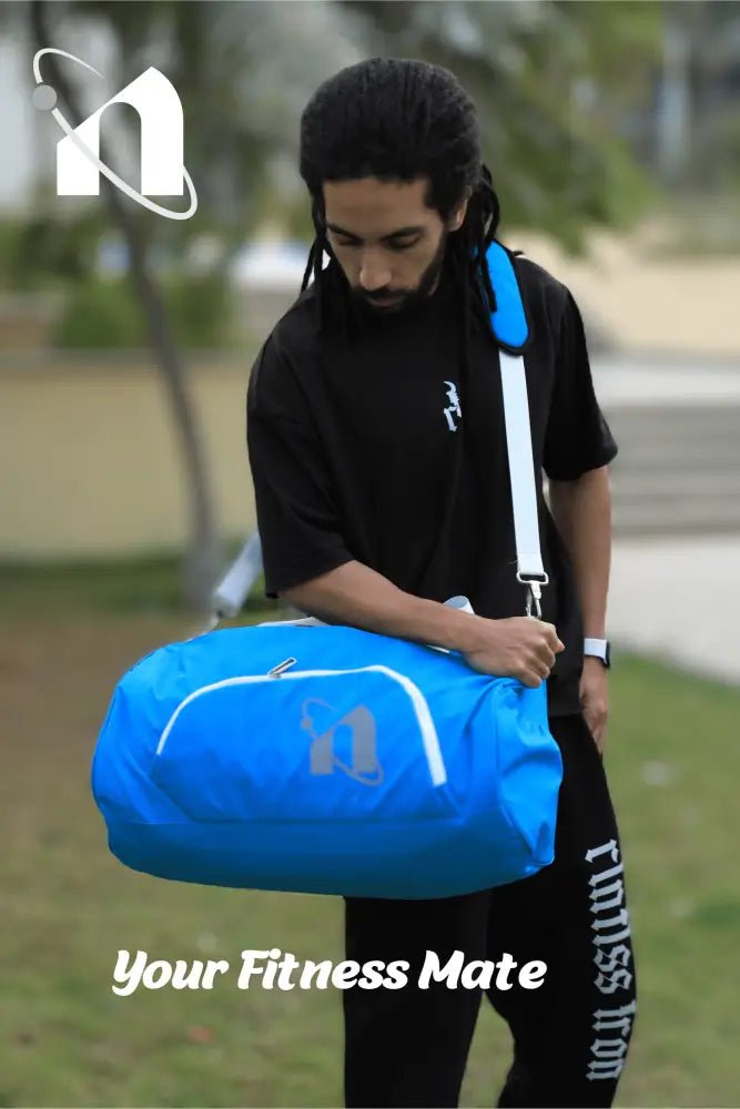 Bright blue duffel bag or gym bag with a white logo.