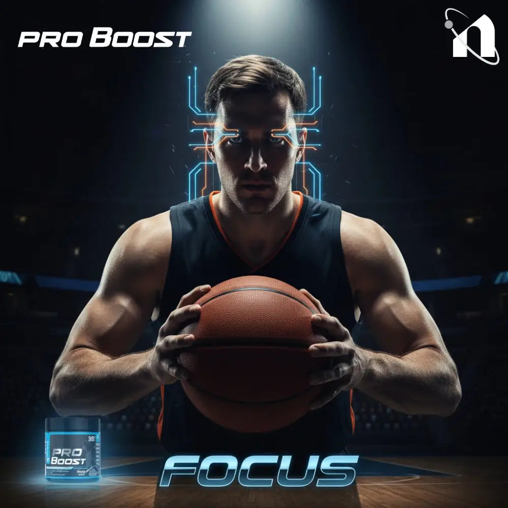 Man holding a basketball with Pro Boost focus supplement packaging on a dark background