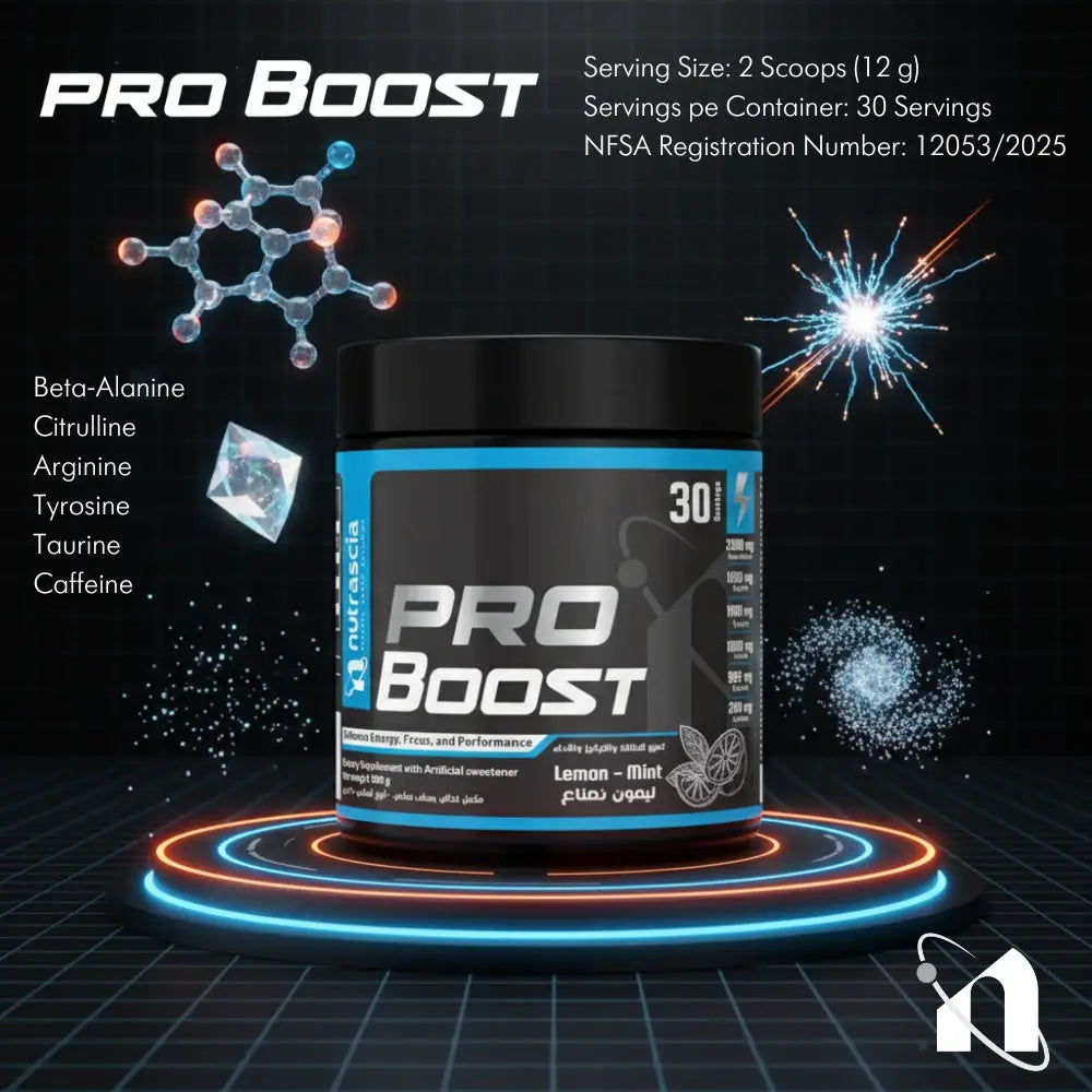 Pro Boost supplement container with molecular structure and registration details on a dark background