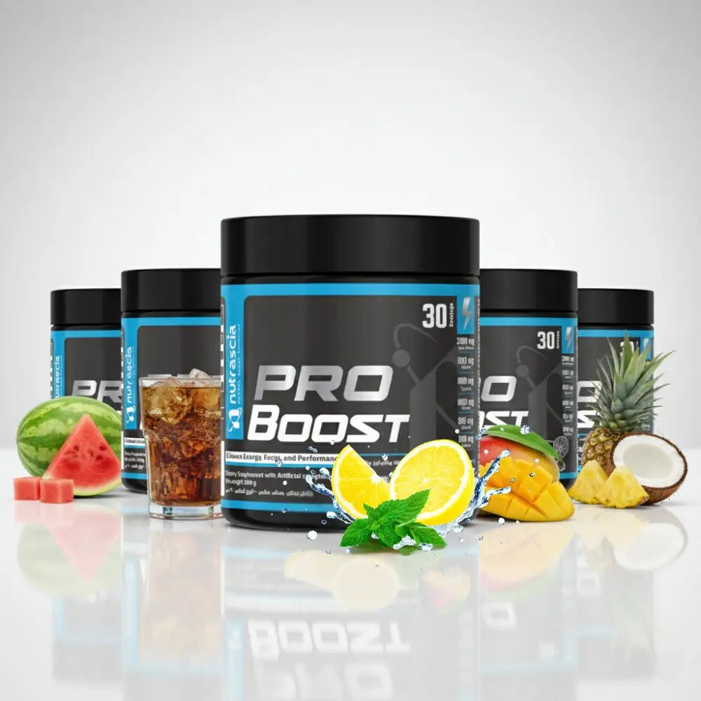 Pro Boost supplement containers collection with fruits and a drink on a reflective surface