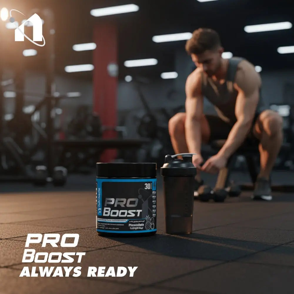 Pro Boost supplement container and shaker bottle on a gym floor with a person in the background.