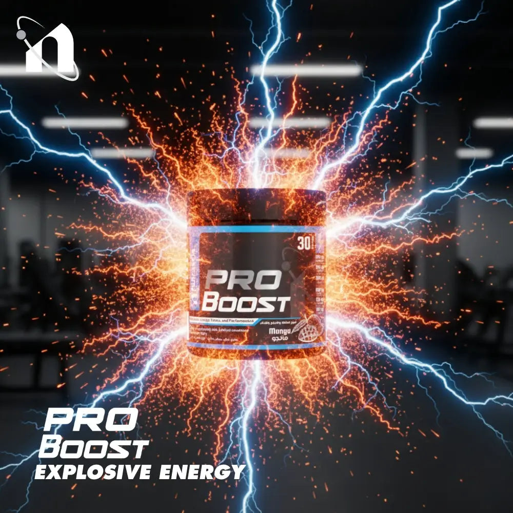 Pro Boost supplement container with explosive energy effects on a dark background