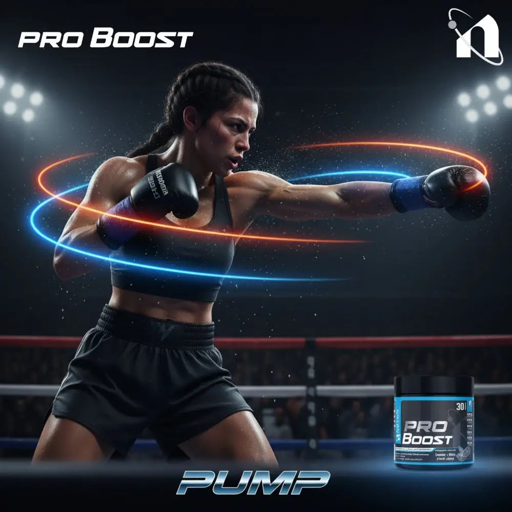 Boxer in a boxing ring with Pro Boost supplement container on a dark background