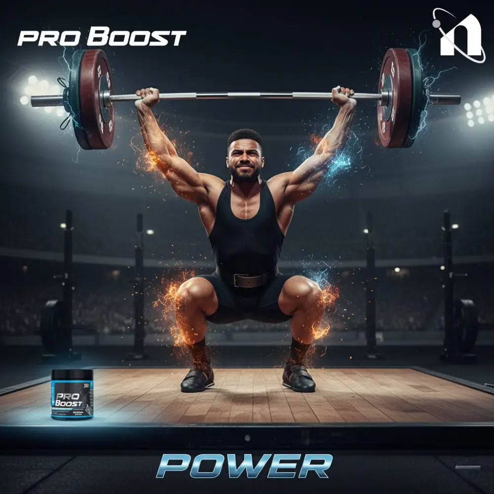 Man lifting weights with 'Pro Boost' supplement in the foreground, set against a gym background.