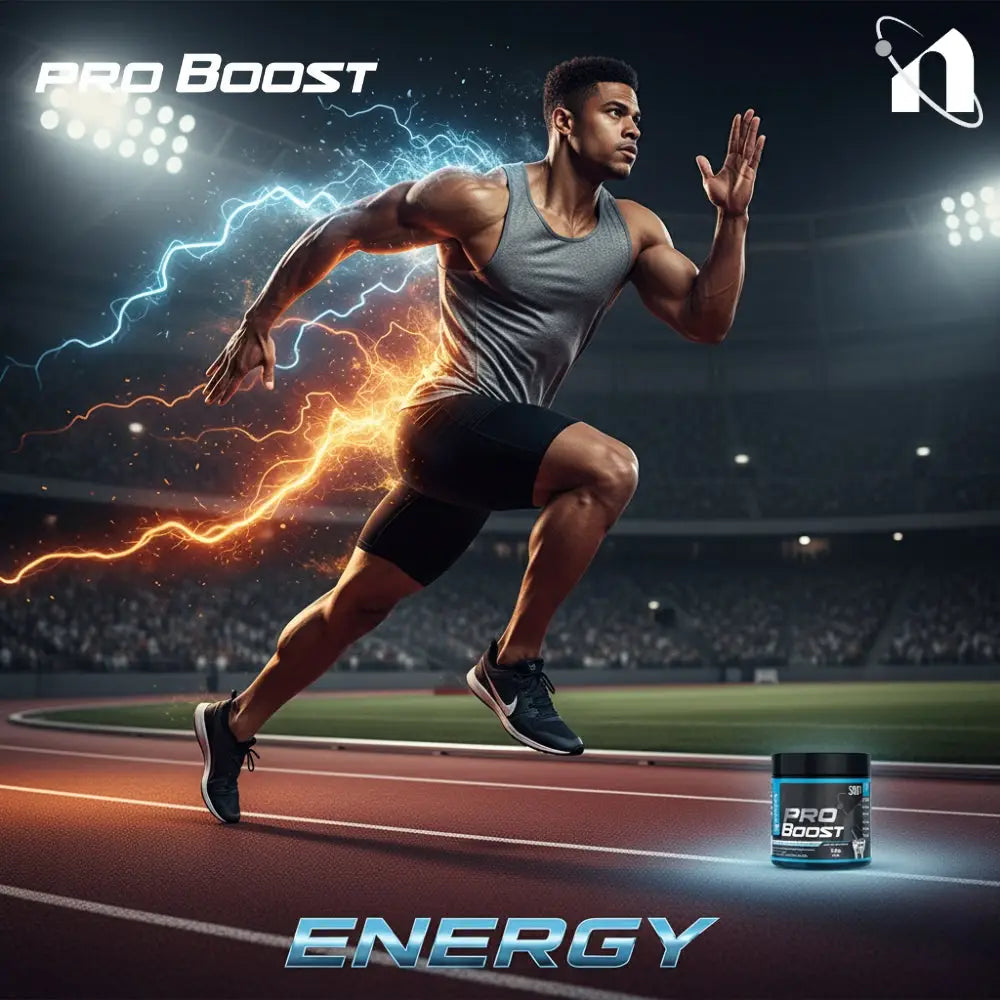 Athlete running on a track with Pro Boost energy supplement container, stadium background
