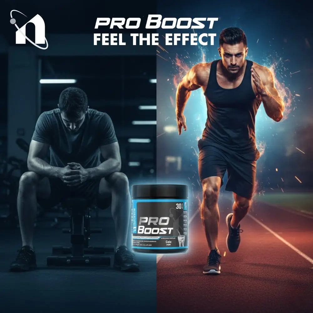 Pro Boost supplement container with a man before and after using it, on a dark background.