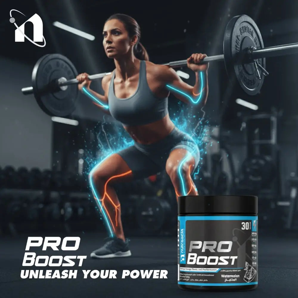 Woman lifting weights with Pro Boost supplement container in foreground