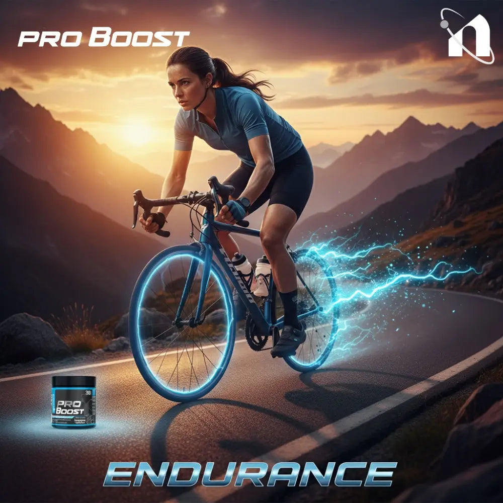 Woman riding a bike with glowing wheels on a mountain road, Pro Boost endurance supplement visible.