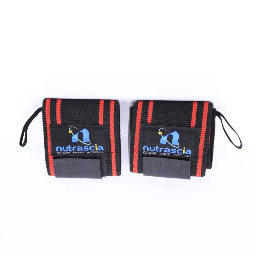 Pair of black weightlifting wrist wraps with red stripes and blue ’Nutrascia’ logo.