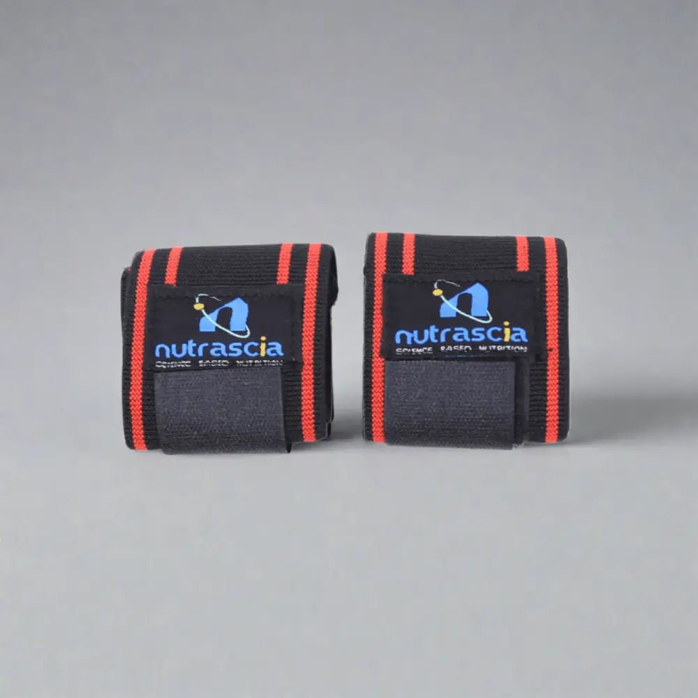 Pair of black wrist wraps with red stripes and blue ’Nutrascia’ logos.