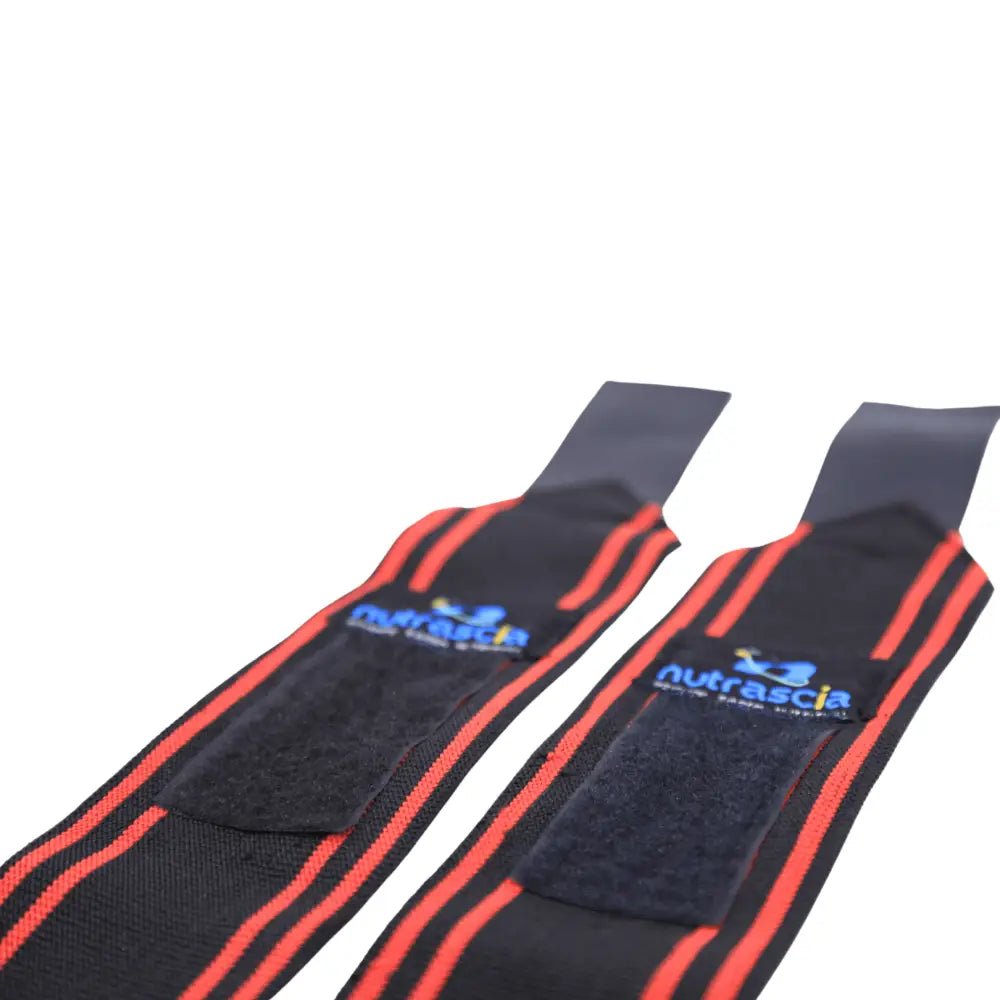 Weightlifting wrist wraps with red stripes and blue branding.