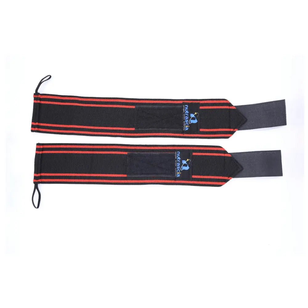 Weightlifting wrist wraps with red stripes and blue logos.